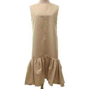 19SS グログランAラインワンピース 膝丈 ノースリーブ ギャザーフレア 36 ベージュ