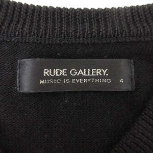 RUDE GALLERY 14AW ニット セーター 長袖 ボーダー ワンポイント刺繍 ウール Vネック 4 ベージュ 黒 ブラック R101621