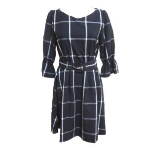七分袖ひざ丈チェックワンピース 38 ネイビー
