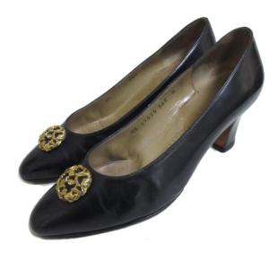 パンプス チャンキーヒール 金ボタン 5 ネイビー