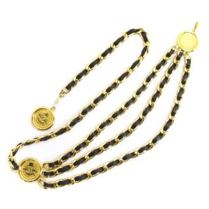 CHANEL ヴィンテージ チェーンベルト ココマーク 3連 レザー コインプレート ゴールドカラー