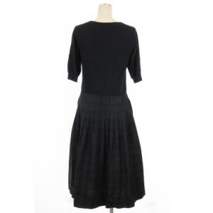 MARGARET HOWELL 近年 ドッキング ワンピース ひざ丈 半袖 ニット切替 チェック プルオーバー リネン 紺 ネイビー 1 S