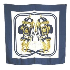 HERMES カレ90 BRIDES de GALA スカーフ 大判 式典用馬勒 シルク 紺 白 X