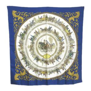 カレ90 la promenade de longchamps スカーフ 大判 ロンシャンへの散歩 馬車 青 ブルー X