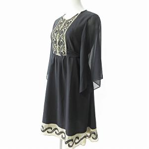 Grace Class 美品 ワンピース 7分袖 膝丈 シフォン シアー ビジュー スパンコール 刺繍 リボン 黒 ベージュ 36 0202