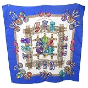 カレ スカーフ 馬のリボン ショール フランス製 シルク 総柄 白 青 ホワイト ブルー 1118 GY09