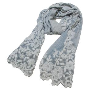 大判 ストール モダールｘ刺繍 フラワー 青系 X