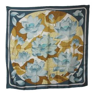 カレ90 FLEURS DE LOTUS スカーフ シルク 花柄 ブルー系 X