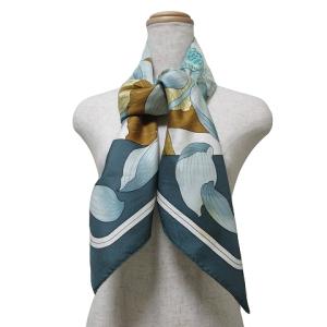 HERMES カレ90 FLEURS DE LOTUS スカーフ シルク 花柄 ブルー系 X