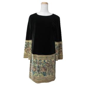 美品 ベロアワンピース ひざ丈 長袖 花柄 36 S相当 ブラック ベージュ GY09 X