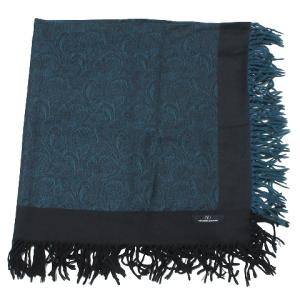 美品 大判ストール ペイズリー フリンジ ウール 黒 緑 GY09 X