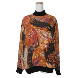 ヴィンテージ シルク 長袖 カットソー 金ボタン ハイネック プルオーバー 総柄 鳥 ブラック オレンジ IBO45 X