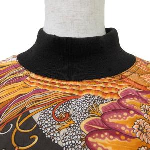 Salvatore Ferragamo ヴィンテージ シルク 長袖 カットソー 金ボタン ハイネック プルオーバー 総柄 鳥 ブラック オレンジ IBO45 X