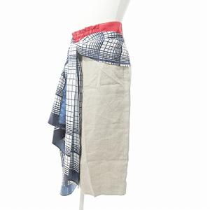 ADORE 18SS スカーフドッキング スカート 膝丈 リネン 麻 ベルト付き チェック柄 ベージュ 白 青 36 1225 IBO45