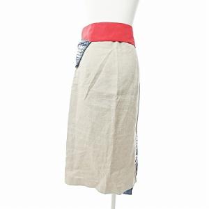 ADORE 18SS スカーフドッキング スカート 膝丈 リネン 麻 ベルト付き チェック柄 ベージュ 白 青 36 1225 IBO45