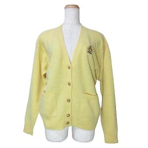 90's ヴィンテージ ニット カーディガン 金ボタン 長袖 ウール ワンポイント アップリケ L イエロー GY09 X