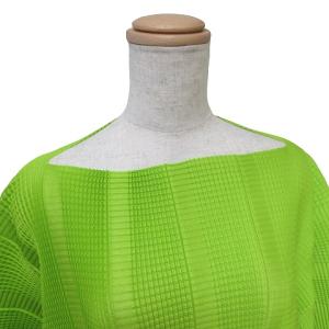 me ISSEY MIYAKE 美品 7分袖 カットソー ワイド Apoc INSIDE プリーツ ボートネック 切りっぱなし MI91KJ602 黄緑 GY09