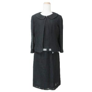 3ピース スーツ ジャケット トップス 8分袖 半袖 スカート ひざ丈 タイト リネン混 チェックリボン 黒 ブラック 38