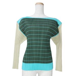 イッセイミヤケ 美品 長袖 カットソー プリーツ ボーダー ボートネック 4 L相当 グリーン ベージュ GY09 X