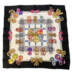 大判スカーフ カレ90 LES RUBANS DU CHEVALシルク 馬のリボン飾り 黒 ブラック