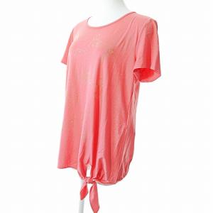Leilian 美品 チュニックカットソー 半袖 ビジュー 英字 ストレッチ リボン ピンク 11 0219 IBO47