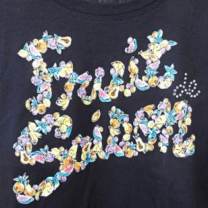 Leilian Tシャツ カットソー 半袖 フルーツ柄 果物柄 プリント ビジュー 紺 ネイビー 13 0216 IBO47