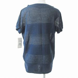 Leilian タグ付き メッシュ ニット カットソー 半袖 ボーダー リネン混 麻混 ネイビー 紺 9 0216 IBO47