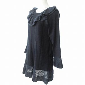 TO BE CHIC 美品 近年モデル ニット ワンピース 膝丈 長袖 フリル モヘア混 シルク混 紺 ネイビー 42 0215 IBO47