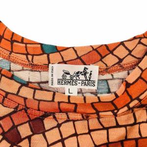 HERMES Tシャツ 半袖 モザイク タイル 総柄  魚 フィッシュ クルーネック ヴィンテージ L 茶 ブラウン