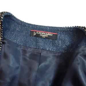 LEONARD Fashion 90S シルク デニム エレガント ジャケット Vネック 金釦ヴィンテージ 大きいサイズ 15AR 青 ブルー