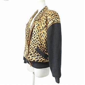 LEONARD ジャケット ブルゾン 異素材切替 ニット シルク ウール レオパード柄 豹柄 アニマル柄 ベージュ 黒 M 0311 IBO49