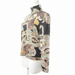 LEONARD Fashion カットソー 長袖 ハイネック 黒 シルク混 総柄 豹柄 花柄 ペイズリー柄 黒 ベージュ L 0311 IBO49
