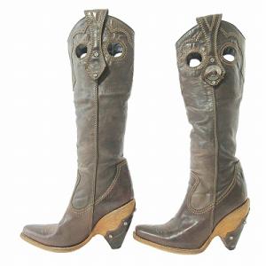 Dior ウエスタン ブーツ ロング ロゴ ハイヒール レザー ブラウン 茶 36.5 23.5cm 0313 IBO49