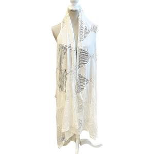 タグ付き カーディガン ノースリーブ ベスト ロング ドレープ 薄手 透かし編み L 白 ホワイト IBO49