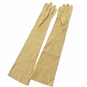 CELINE ロング レザー グローブ 手袋 ワンポイント マカダム シルク裏地 ベージュ 0409 IBO51