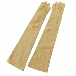 CELINE ロング レザー グローブ 手袋 ワンポイント マカダム シルク裏地 ベージュ 0409 IBO51