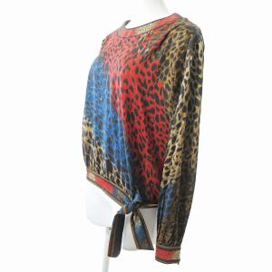 LEONARD Fashion 豹柄 レオパード柄 シルク混 長袖 カットソー ウール リボン ベージュ 赤 青 L 0410 IBO51
