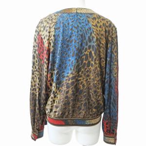 LEONARD Fashion 豹柄 レオパード柄 シルク混 長袖 カットソー ウール リボン ベージュ 赤 青 L 0410 IBO51