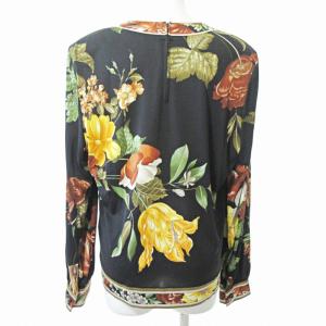 LEONARD Fashion 美品 シルク 長袖 カットソー 花柄 黒 茶 13 0410 IBO51