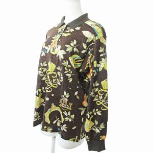 LEONARD SPORT 長袖 ポロシャツ カットソー 金ボタン ウール 花柄 クラウン柄 王冠柄 茶 L 0410 IBO51