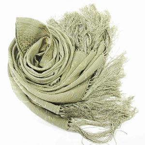 GIORGIO ARMANI 美品 シルク ストール マフラー ショール 肩掛け フリンジ 総柄 カーキ 0409 IBO51