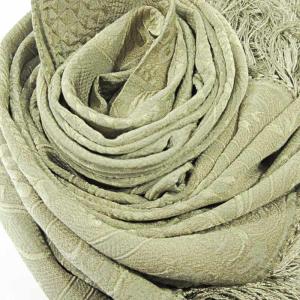 GIORGIO ARMANI 美品 シルク ストール マフラー ショール 肩掛け フリンジ 総柄 カーキ 0409 IBO51