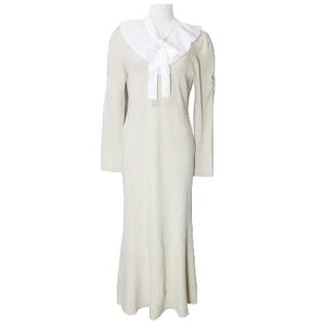 22AW ボウタイフリルニットワンピース ロング リブニット カシミヤ混 付け衿付き 長袖 裾フレア 36 S相当 ベージュ