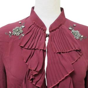 N°21 美品 ブラウス 長袖 シルク混 ビジュー ラッフル プルオーバー 小さいサイズ 36 XXS相当 ワインレッド IBO53