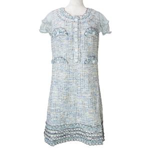 ツイード ひざ丈 ワンピース 半袖 フリル レース 40 M相当 ブルー系 IBO53 X