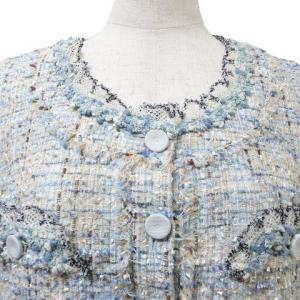 TO BE CHIC ツイード ひざ丈 ワンピース 半袖 フリル レース 40 M相当 ブルー系 IBO53 X