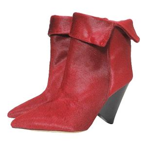 美品 ハラコ ショートブーツ コーンヒール ポインテッドトゥ 35 約22.5cm 赤 レッド IBO53 X