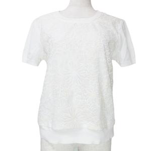 Leilian 美品 近年 アンサンブルニット フラワー刺繍シアーカーディガン レース切替ニットプルオーバー 長袖 半袖 7 S相当 白 ホワイト