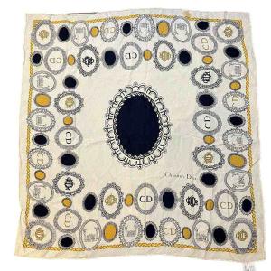 スカーフ CDカメオ柄 シルク イタリア製 ベージュｘ紺 ネイビー