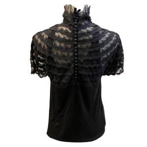 sacai 美品 レース シースルー ブラウス 半袖 ハーフボタン ストレッチ 05-00377 薄手 2 約Mサイズ 黒 ブラック